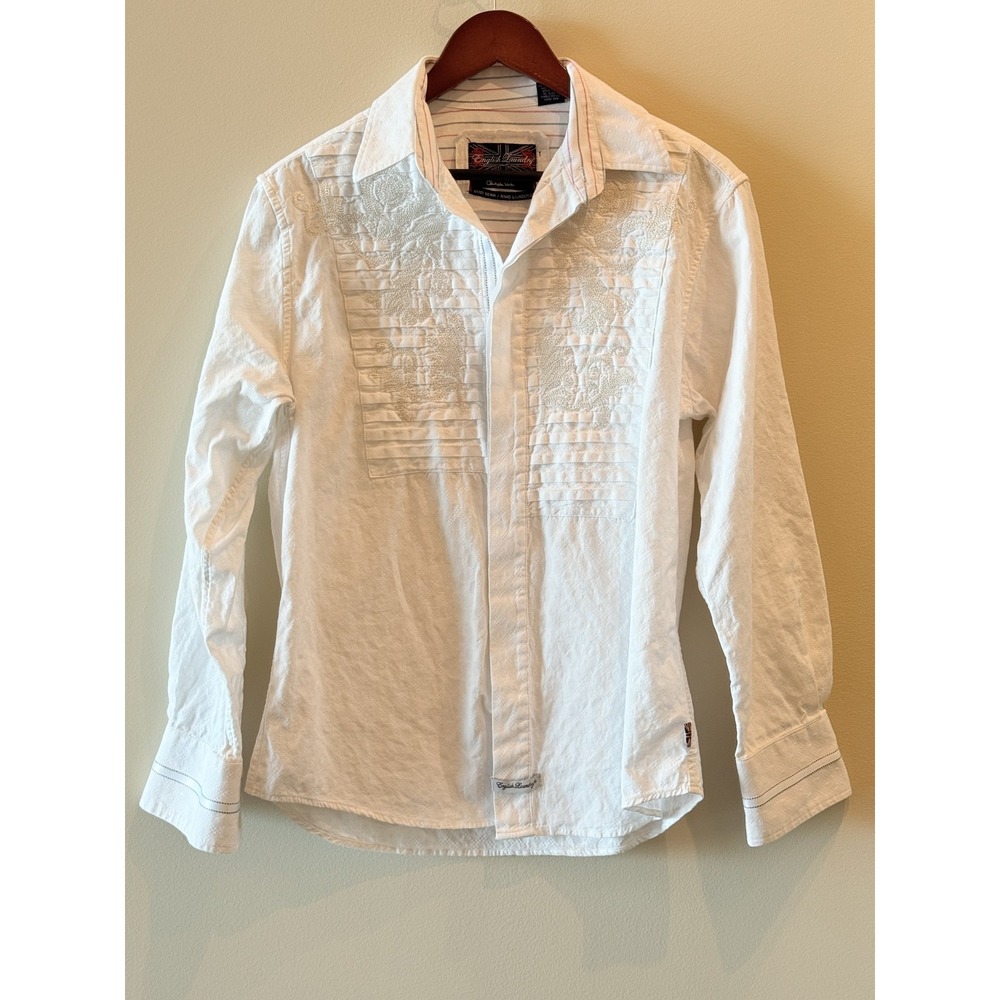 English Laundry Men's Dress Shirt Sz S Embroidered Bib Hand Sewn 100% Cotton